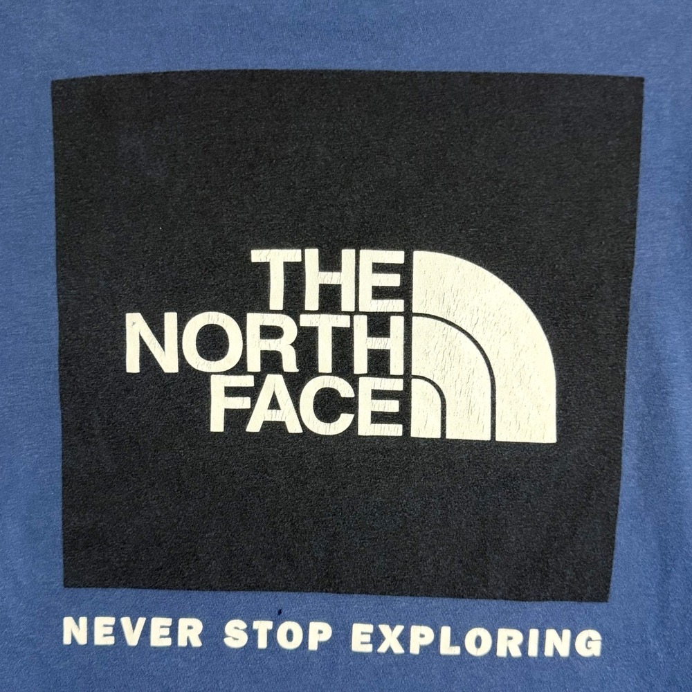 The North Face Blue Graphic Box Logo T-Shirt Never Stop Exploring Mens Medium